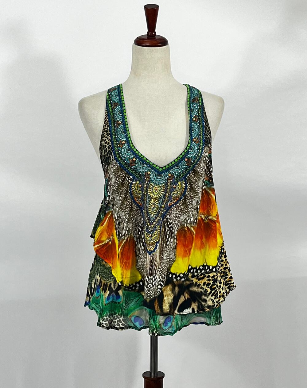 CAMILLA Sz 1 XS S Colorful Beaded Ruffle Tank Top Silk Animal Print
